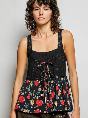 POL Ribbed Sleeveless Top with Lace Bust Floral Woven Patch